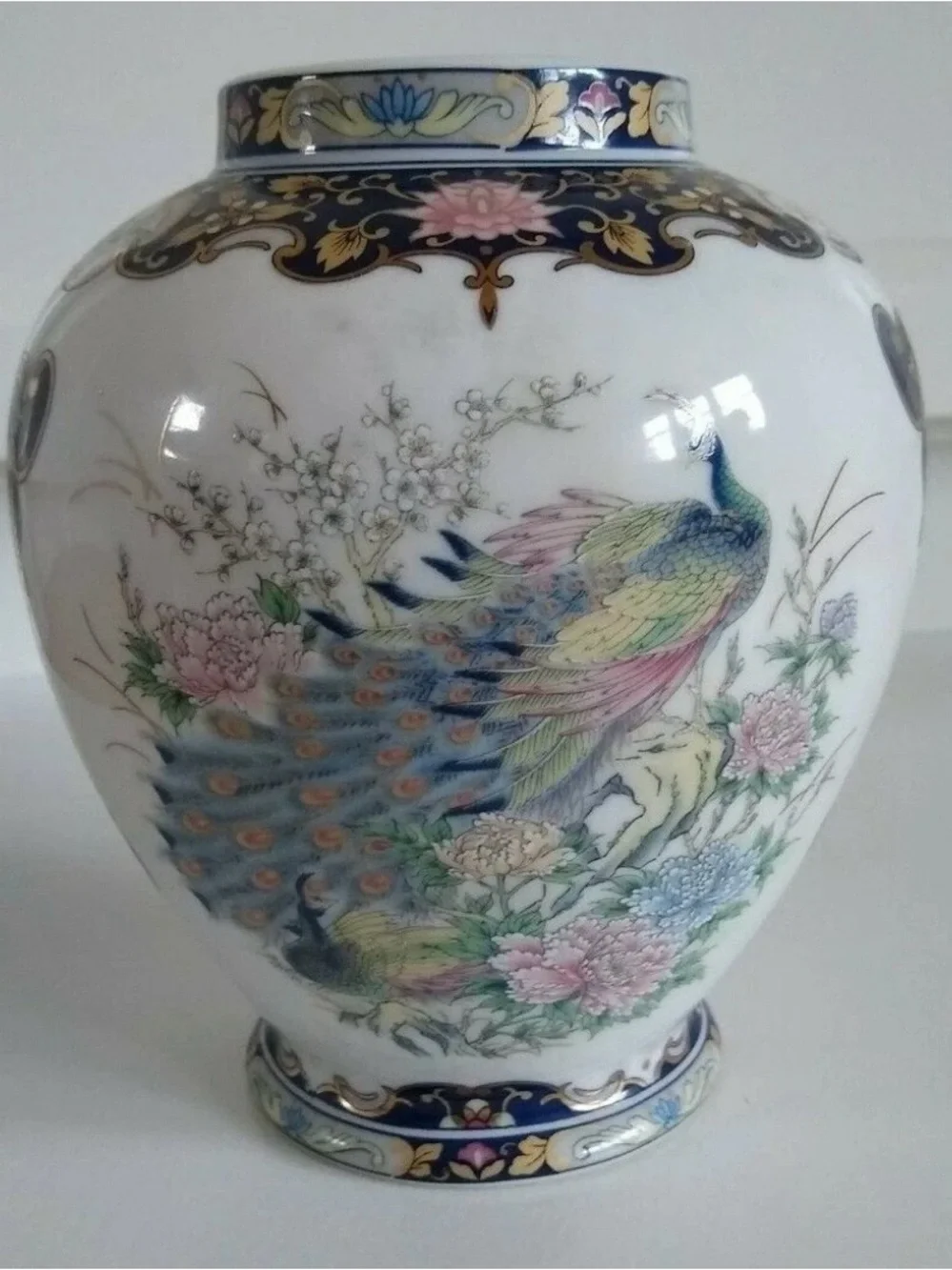Decorative Peacock Porcelain Vase - White with Multicolor Design